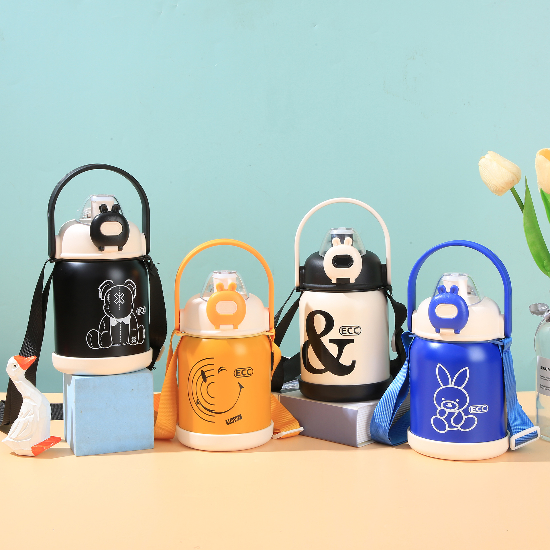 large capacity cartoon 316 stainless steel children‘s thermos cup strap big belly kettle student school portable straw cup