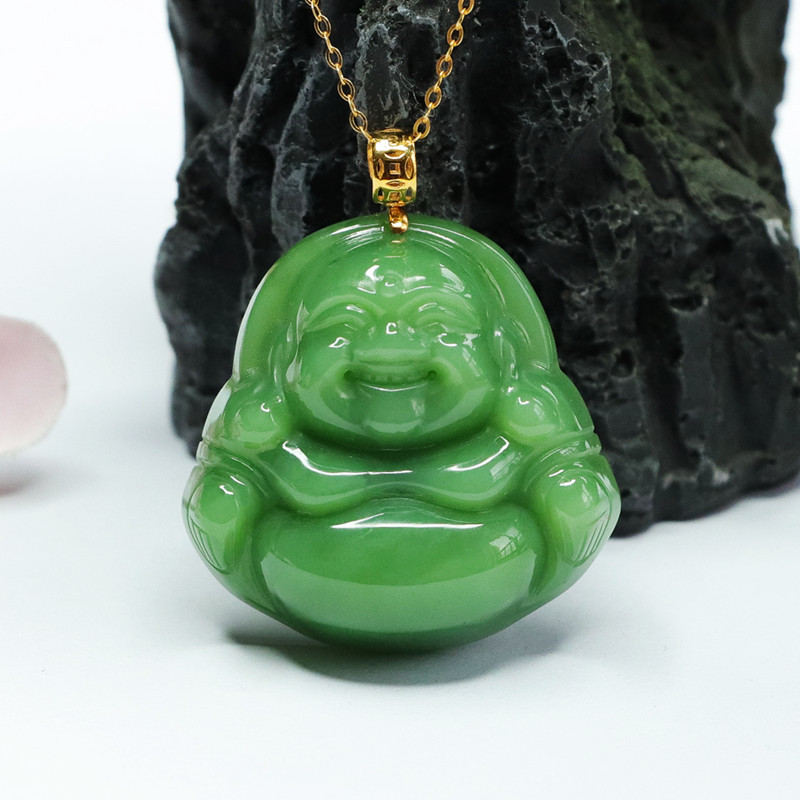 眷钰 天然和田玉猫眼碧玉佛公吊坠苹果绿18k金镶直播代发2042004