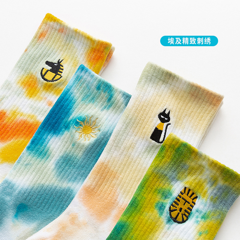 Tie-Dye Socks for Women Middle Tube Cotton Socks Ins Trendy Socks Embroidered Couple Sports