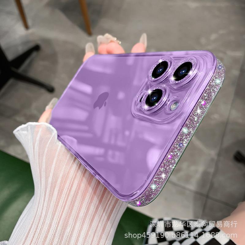 适用苹果14玻璃手机壳紫色iphone13promax闪粉镜头12全包保护套11