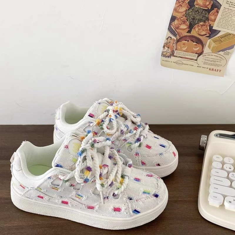 小众设计仙豆彩虹格布面滑板鞋chic秋季透气帆布鞋学生百搭运动鞋