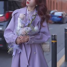 紫色风衣外套女春秋季2023新款韩版时尚休闲宽松中长款双排扣大衣