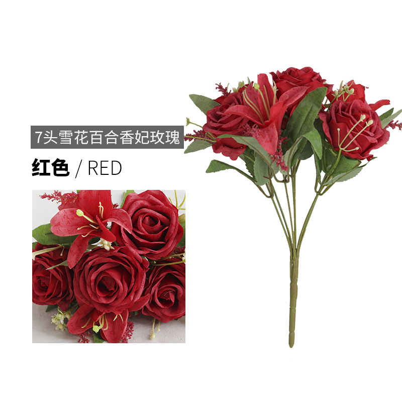 artificial flower artificial plant Wedding Hall Layout Simulation 7 Snowflake Lily Xiangfei Rose Shopping Window Layout Simulation Fake Flower Bouquet