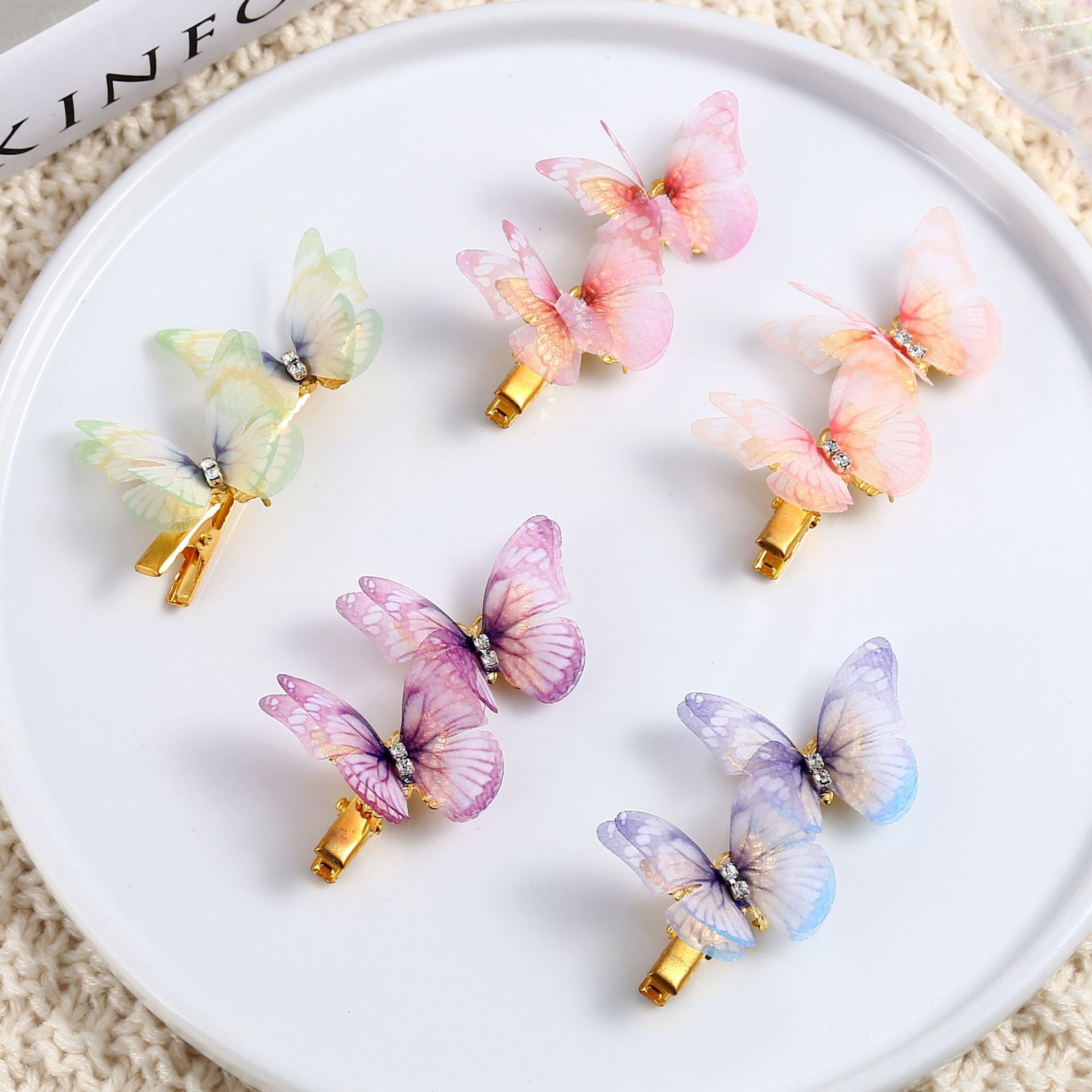 创意双蝴蝶边夹彩色薄纱蝴蝶发夹8cm大号网纱蝴蝶发卡儿童发饰