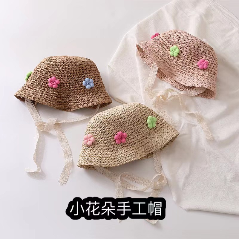ins风小女孩夏款洋气花朵蕾丝飘带草遮阳手工草帽甜美风儿童草帽