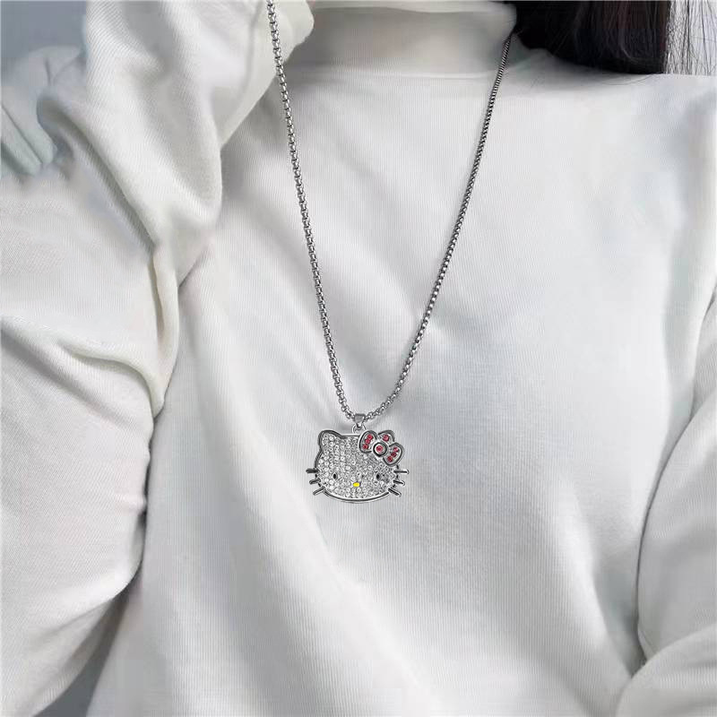 Cross-Border New Arrival Cat Pendant Necklace with Diamond Fashion Cute Style Long Necklace Autumn and Winter Sweater Chain Wholesale