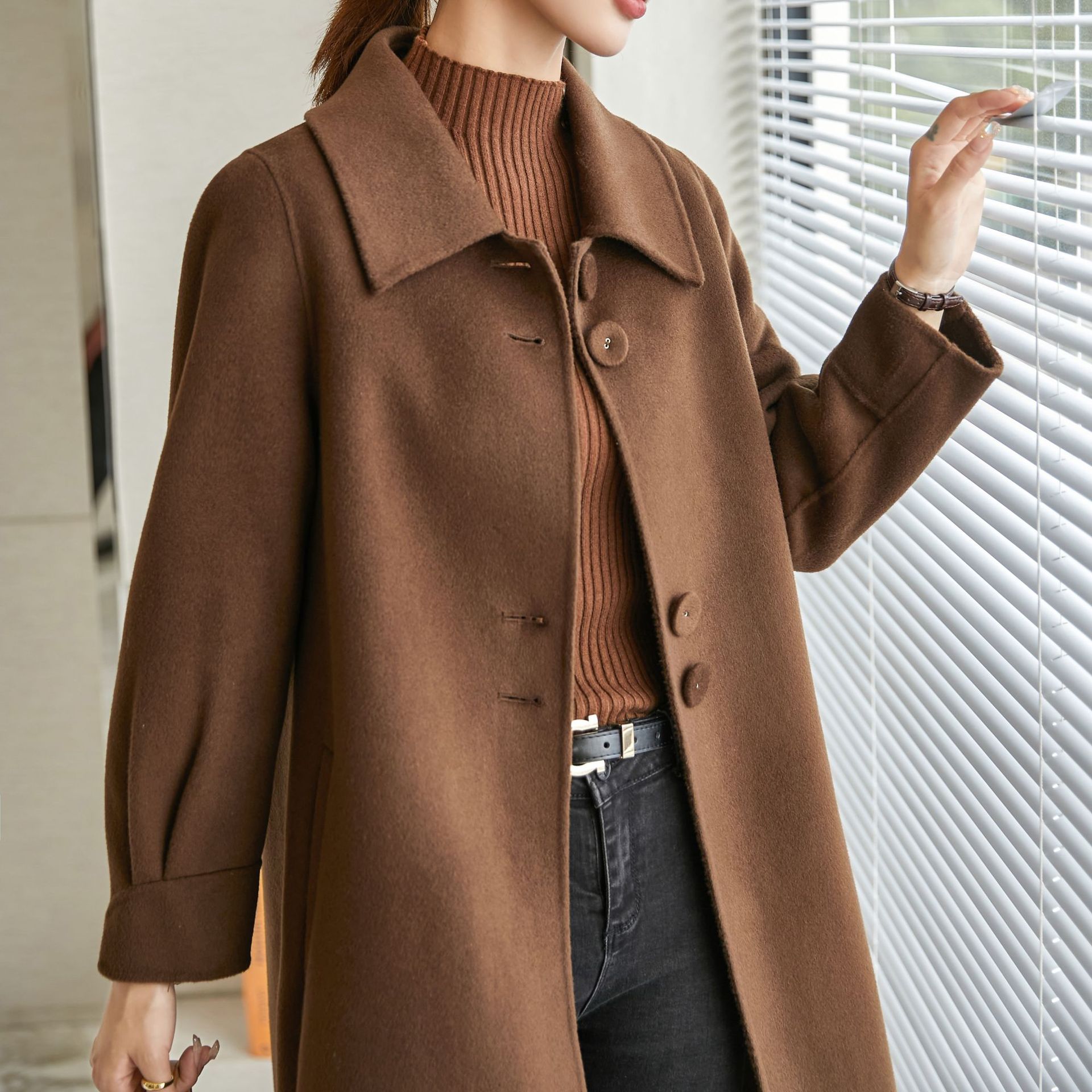 2021秋冬新款双面羊绒大衣厂家一件代发高端女装直筒休闲毛呢外套