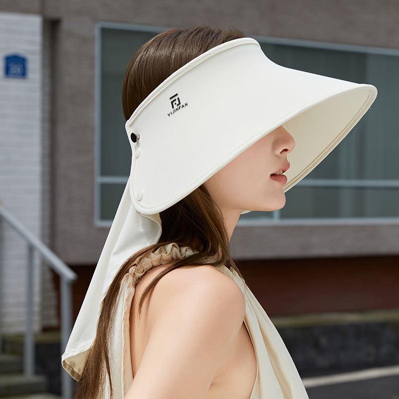 夏季冰丝纯色印字空顶帽子女可挂口罩带披肩时尚骑行防晒遮阳帽子