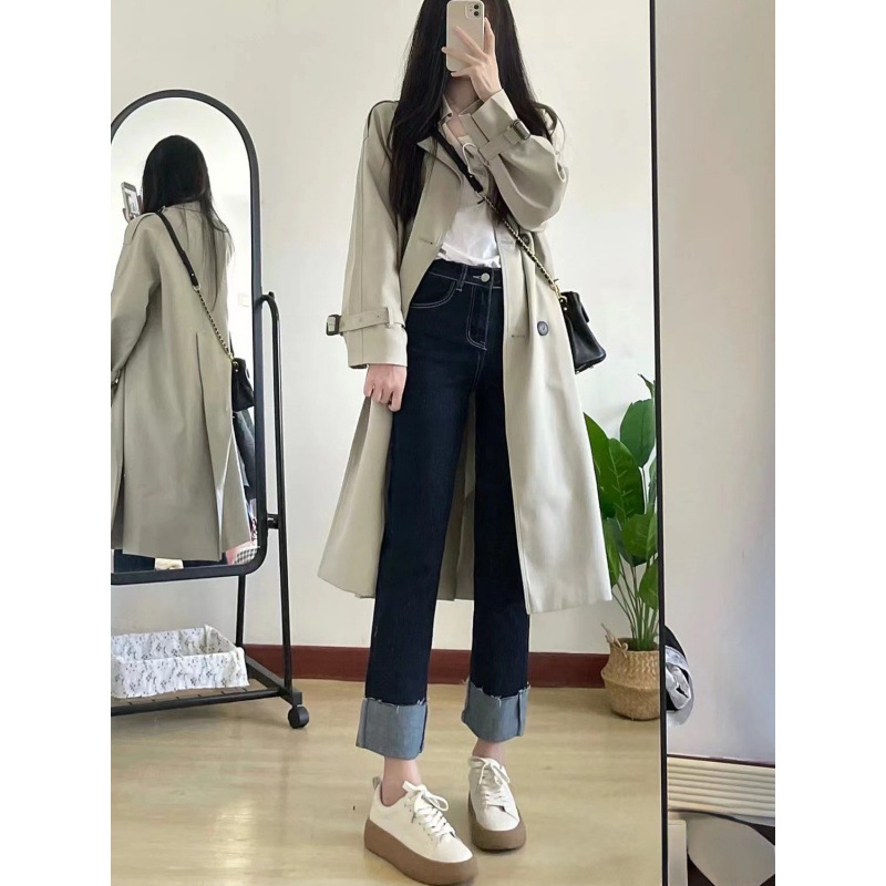 Flanging Straight Jeans Women's Curling Autumn and Winter plus Size Plump Girls High Waist Slimming All-Matching Hong Kong Style Ankle-Length Cigarette Pants