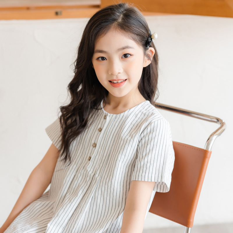 女童连衣裙2021夏韩版童装条纹休闲文艺学院风学生公主裙子中大童