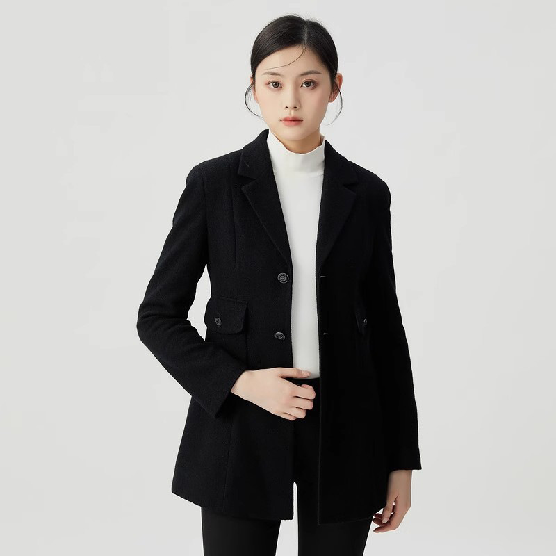 商城同款品正2024冬新款收腰翻领中长版ol羊毛呢西装外套女西服