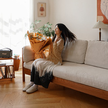 日式小户型全实木沙发 复古灯芯绒布艺三人位沙发樱桃木家具