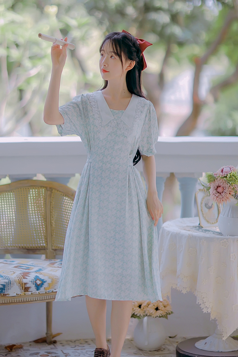 9908#不低于109现货实拍夏季甜美娃娃领过膝收腰显瘦碎花连衣裙