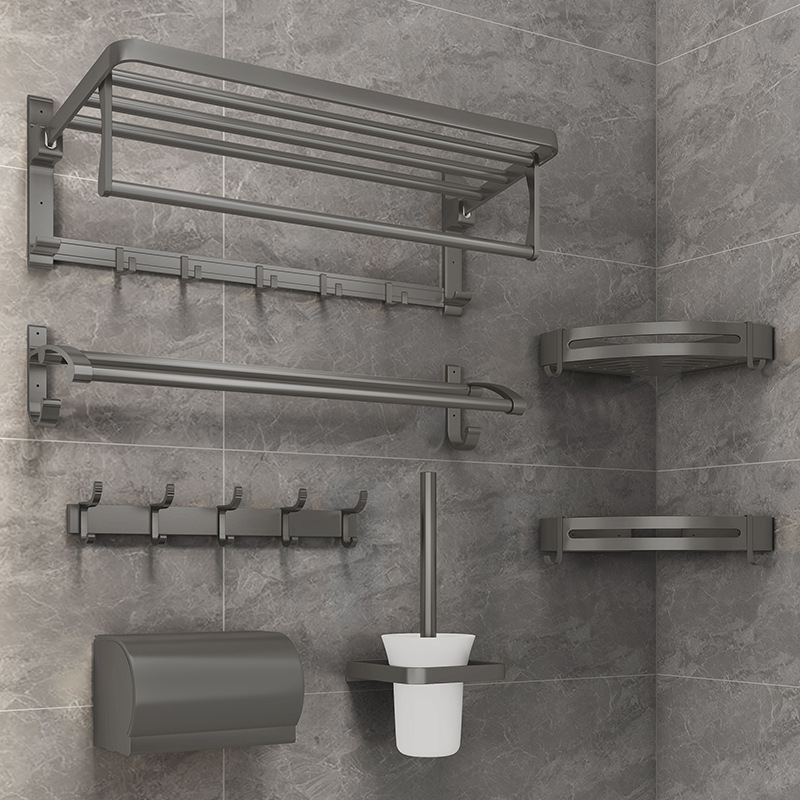 免打孔浴室毛巾架枪灰太空铝卫生间五金挂件套装洗手间折叠浴巾架