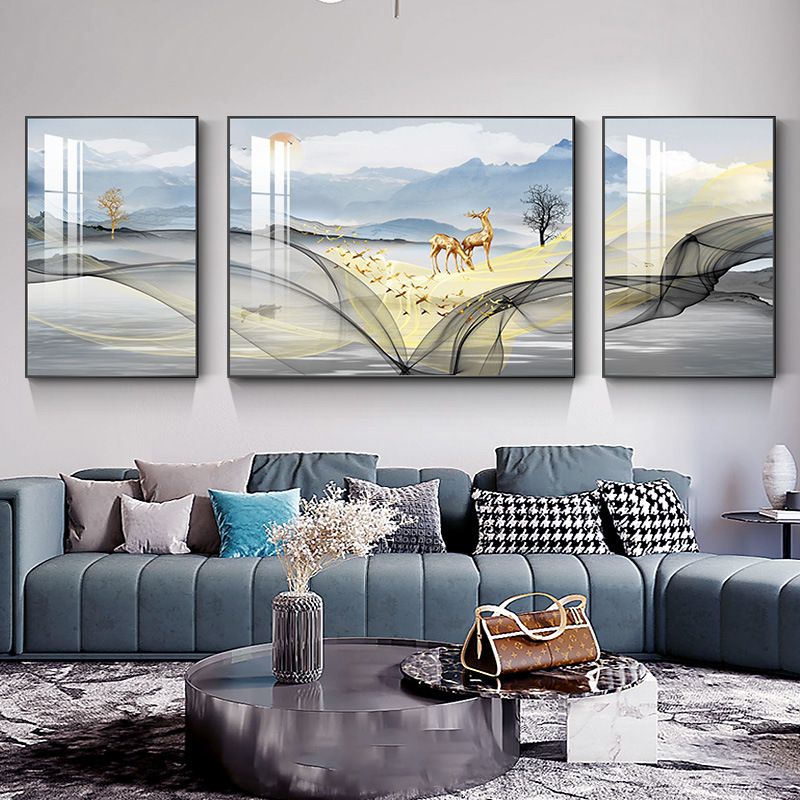 客厅沙发背景墙装饰画抽象山水中式壁画大气现代轻奢三连幅组合画