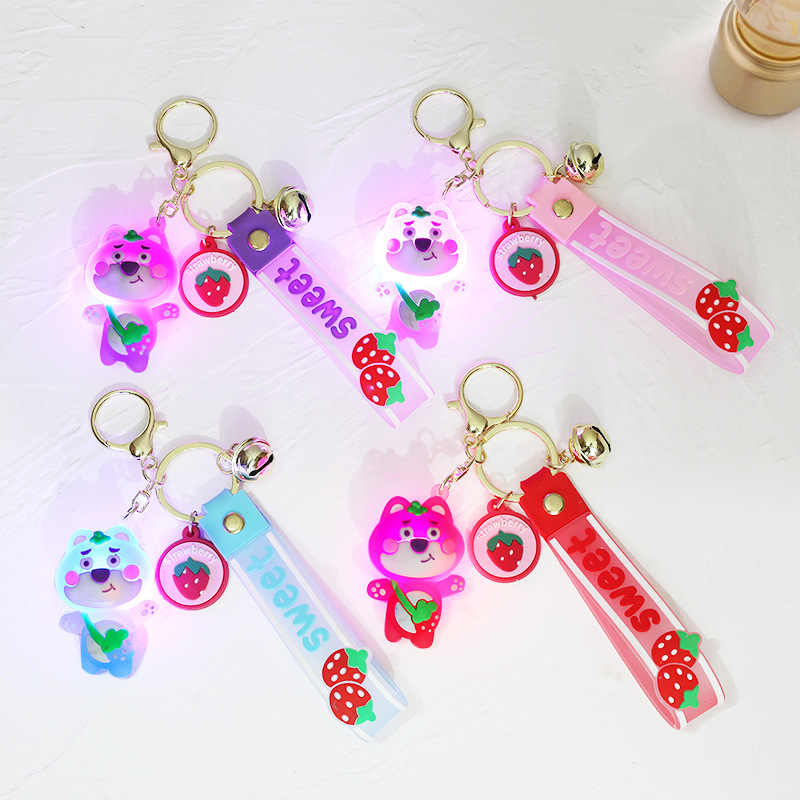 Cartoon Strawberry Bear Flash Silicone Doll Keychain Pendant Couple Cars and Bags Luminous Doll Ornaments Gift