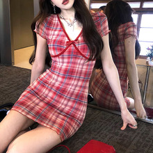 发华厂红格子网纱针织性感包臀连衣裙女2024年夏季新款开衫两件套
