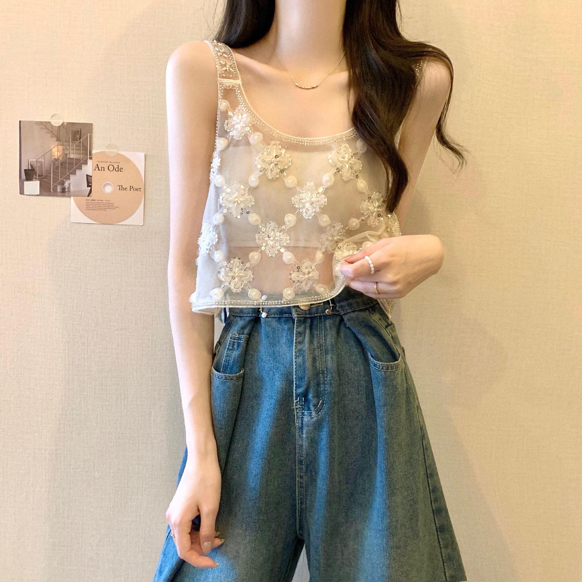 微透蕾丝吊带背心外穿女夏季无袖打底背心纯欲风网纱上衣-阿里巴巴