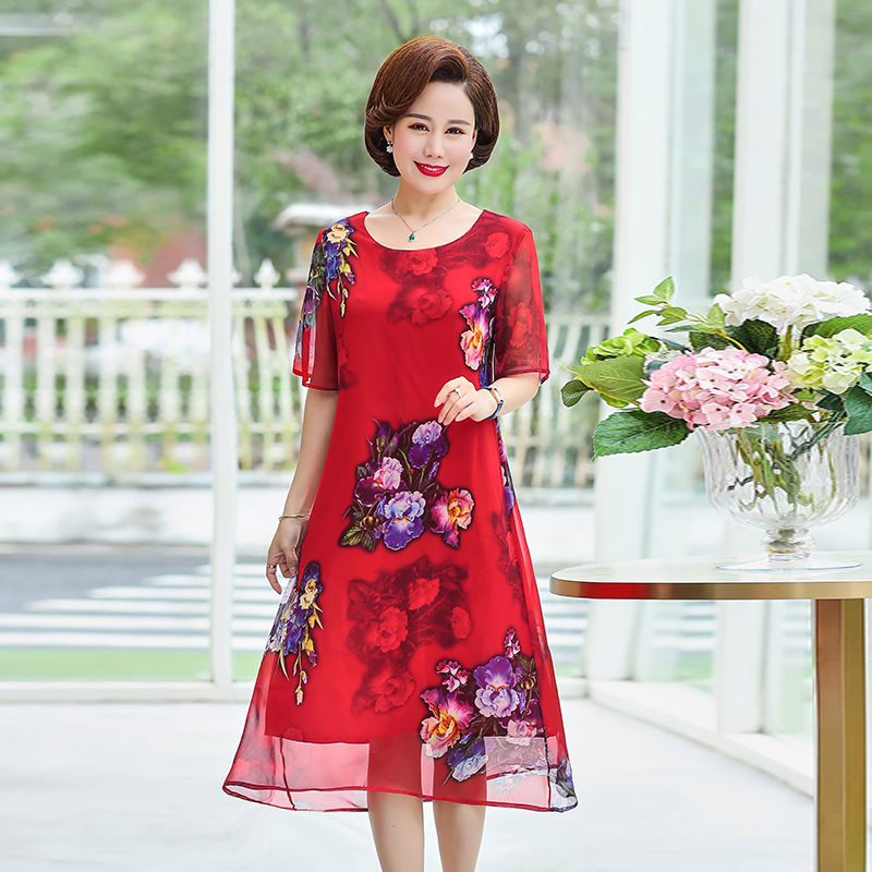 中老年夏季女装连衣裙中长款宽松薄款妈妈装新款雪纺印花气质裙子