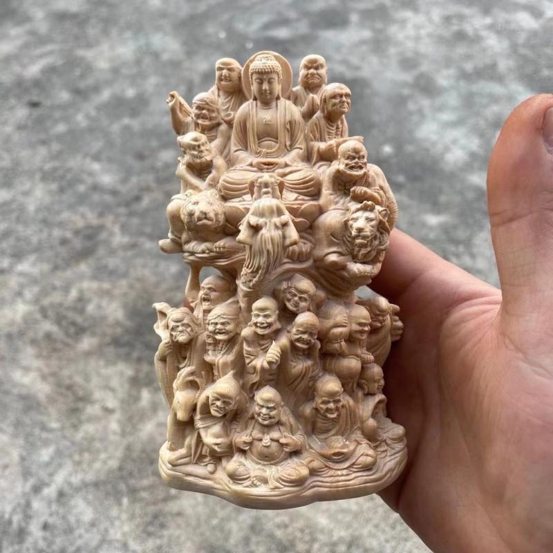 崖柏黄杨木雕十八罗汉佛像摆件实木雕刻降龙伏虎家居乔迁工艺礼品