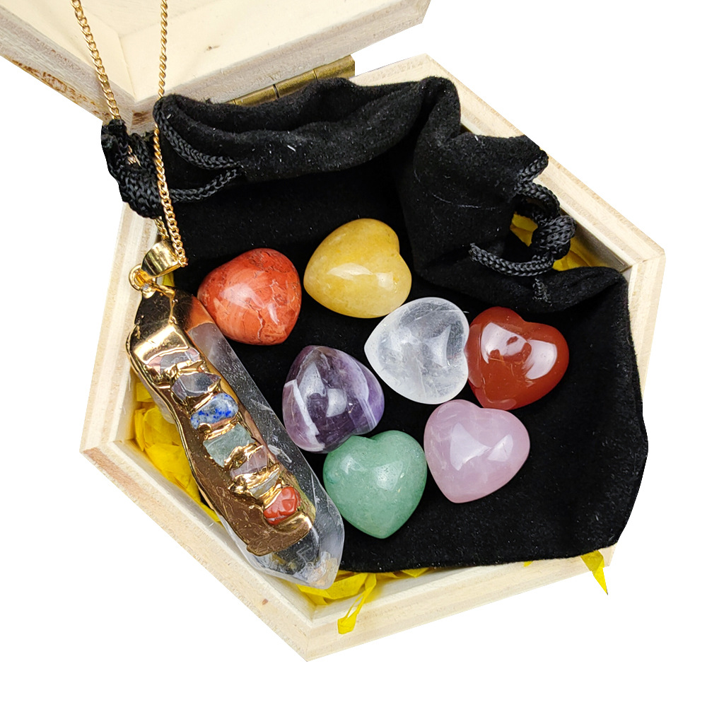 Natural Stone Natural Crystal Agate Heart Small Ornaments Colorful Stone Irregular Pendants Gift Box Wooden Box Set