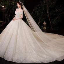 法式轻婚纱2024新款新娘气质优雅一字肩修身显瘦大拖尾小个子主纱