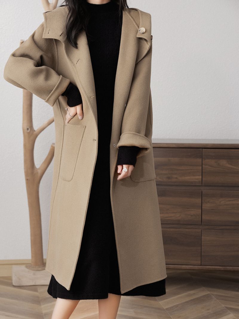 2023新款秋冬季双面羊毛大衣女士连帽中长款羊毛呢韩版带兜外套