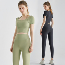 2023新款瑜伽服套装夏季时尚细螺纹外穿健身跑步运动服套装两件套