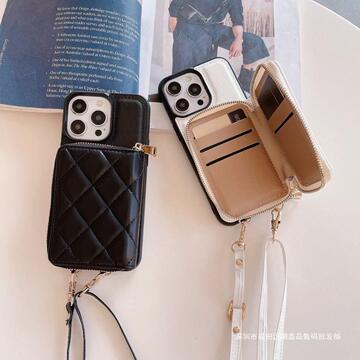 适用iphone15promax后盖式手机壳苹果14插卡皮套钱夹背壳斜挎挂绳