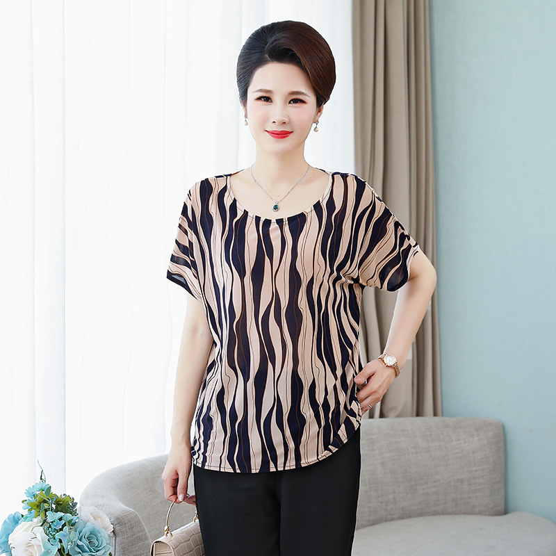 Middle-Aged and Elderly Batwing Sleeve plus and Extra Size Mom Wear 100.00kg Elderly T-shirt Top Short-Sleeved Summer Clothes Women's Milk Silk