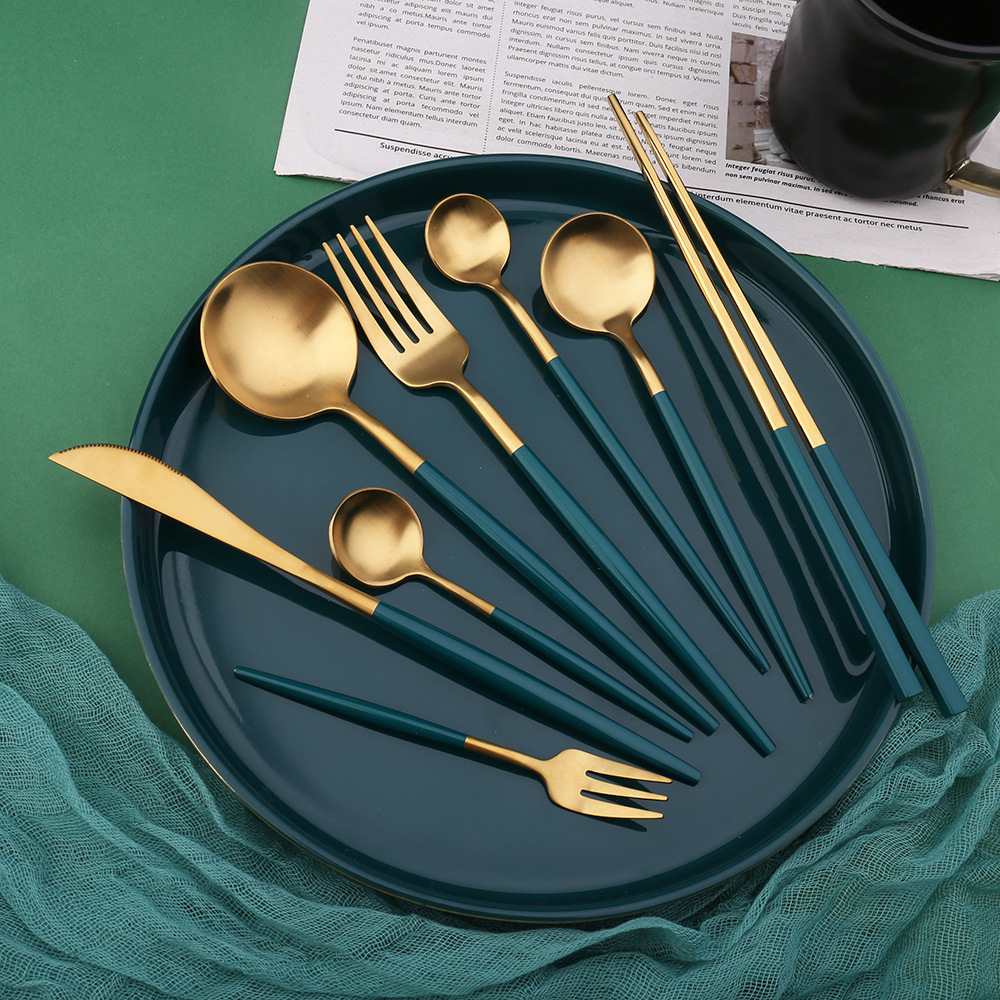 Q Thick round Handle 304 Emerald Spoon Fork Portugal Stainless Steel Knife and Forks Dark Green Tableware Peacock Green Gold Chopsticks