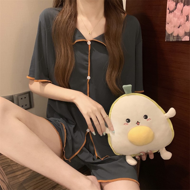 Short Sleeve Pajamas Women's QQ Suit Korean Style Thin Fake Cardigan Lapel Button Simple Ice Silk Cool Fairy Home Wear