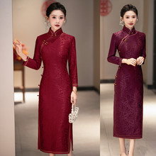 中长红色旗袍女冬季老上海改良复古优雅民国连衣裙日常加厚生活装