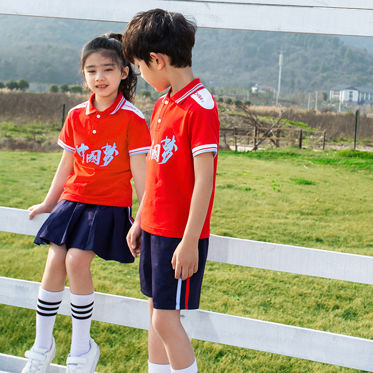 小学生校服夏装套装中学生运动衣服幼儿园园服中国红色短袖两件套