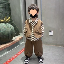 男童秋装套装23新款洋气宝宝秋季衣服儿童韩系酷帅衬衫马甲三件套
