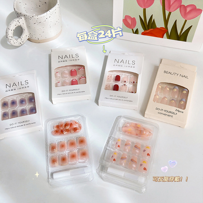 Ins Wind Air Sense Jelly Glue Nail Stickers High Sense Wear Nail Tip Finished Product Popular Color Short and Long Wholesale
