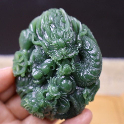 新疆和田玉碧玉菠菜绿绿色碧玉双龙手把件 玉龙 十二生肖龙把件批