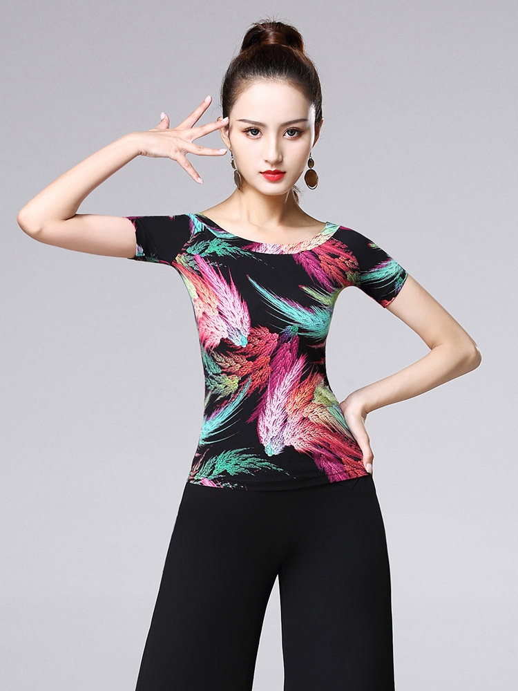 丹宝罗摩登女装上衣女拉丁舞蹈服装国标舞练功服短袖跳舞衣服广场