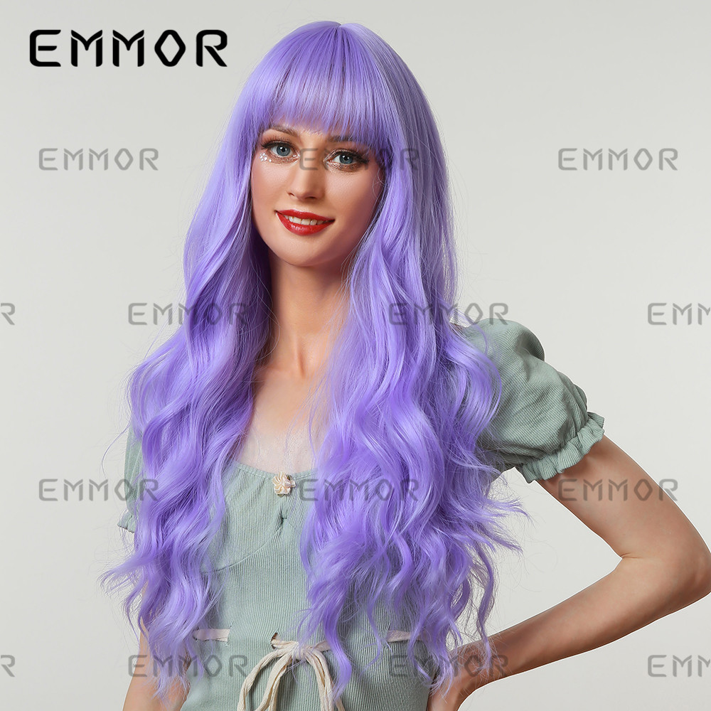 2021 New Christmas Halloween Festival Cosplay Anime Air Bangs Big Wave Purple Wig for Women