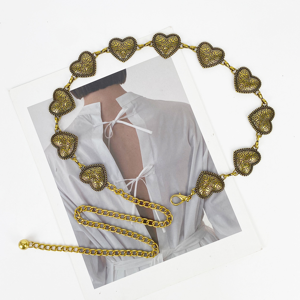 跨境波西米亚风腰链女复古百搭古银花纹爱心单层链条腰饰细腰带