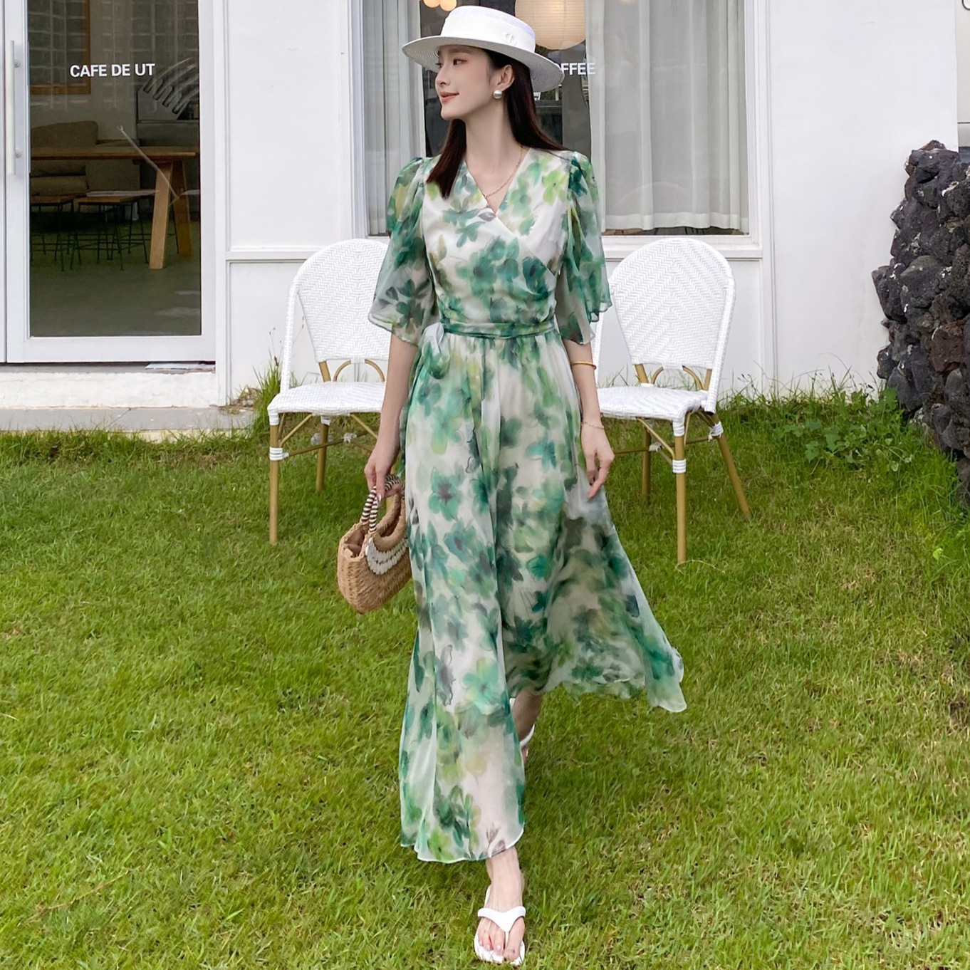 仙气满满法式复古高品质真丝印花大长裙2024年夏款优雅气质连衣裙