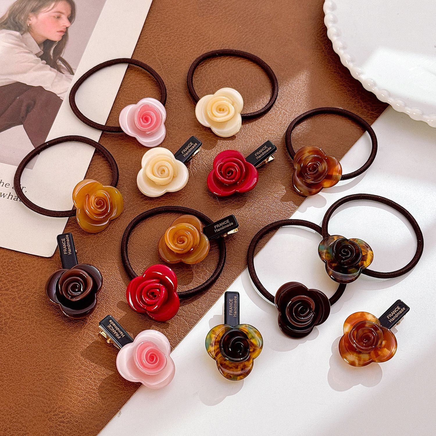 duowei ornament korean rose bud high elastic hair band gold standard high-grade flower side clip ponytail head rope