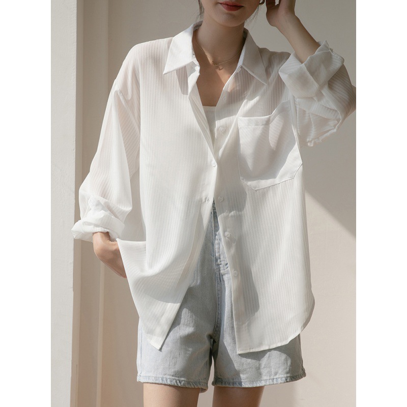 长袖夏季外搭开衫衬衣白色上衣休闲天丝防晒衬衫外套中长款宽松女