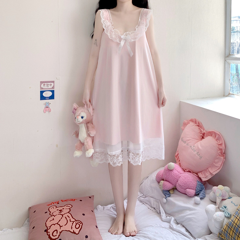 性感吊带睡裙女夏季日韩时尚带胸垫中长裙蕾丝花边公主风睡衣时尚