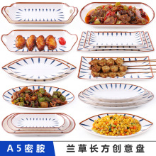 兰草密胺餐具日式烧烤盘子长方形鱼盘北欧塑料创意西餐厅热菜盘子