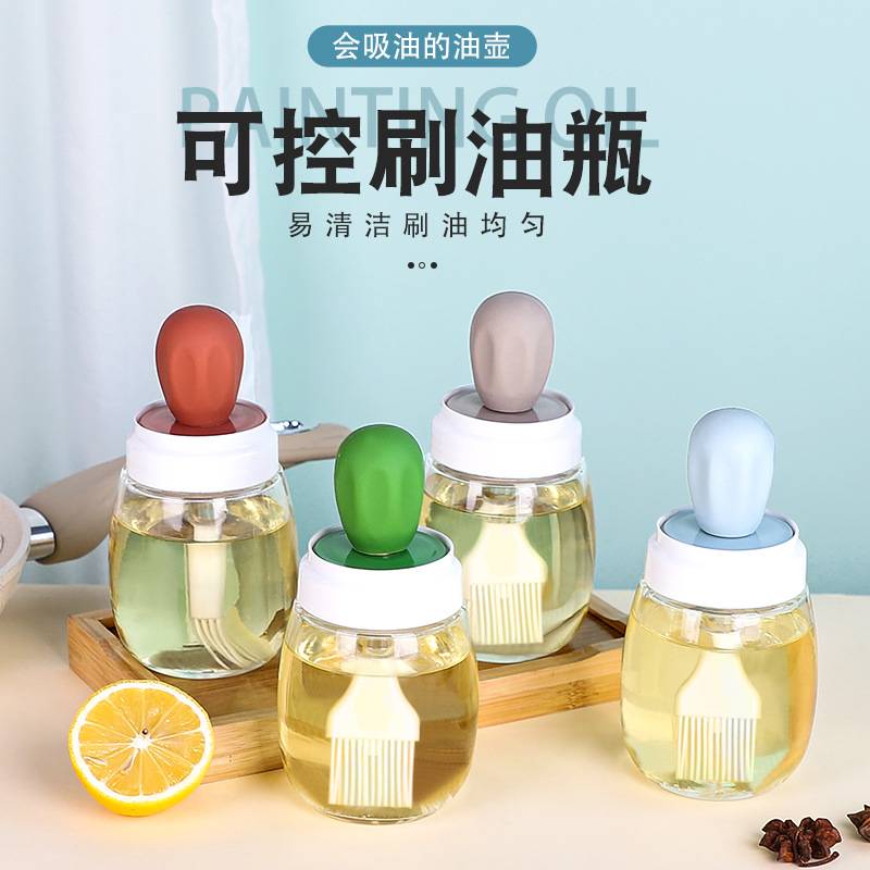Controllable Brush Oil Bottle Transparent Glass Oil Pot Kitchen Large Mouth with Scale Suction Tube Bottle Brush Integrated Jar Glass Bottle