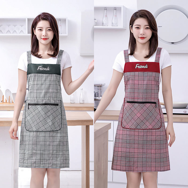 格子大口袋围裙棉拉链兜不防水单层不起球围腰上班工作服可放手机
