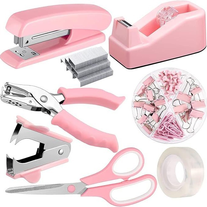 Cross-Border Direct Supply Pink Office Supplies Desktop Accessories Set Stapler Tape Holder Scissors Macaron Color Combination