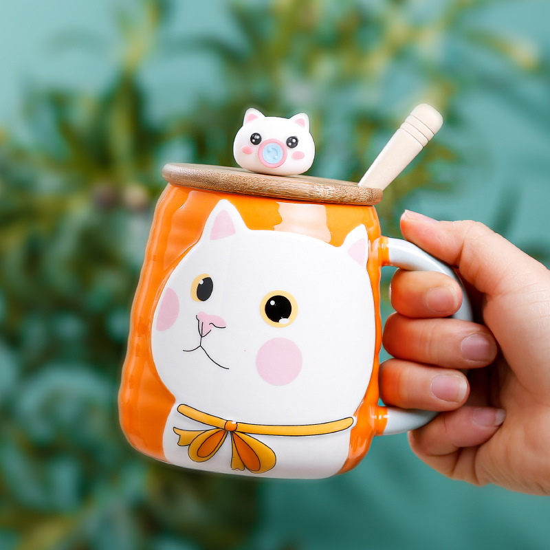 creative hand-painted cartoon big face cat ceramic cup with wooden lid mug couple‘s household cup hand gift