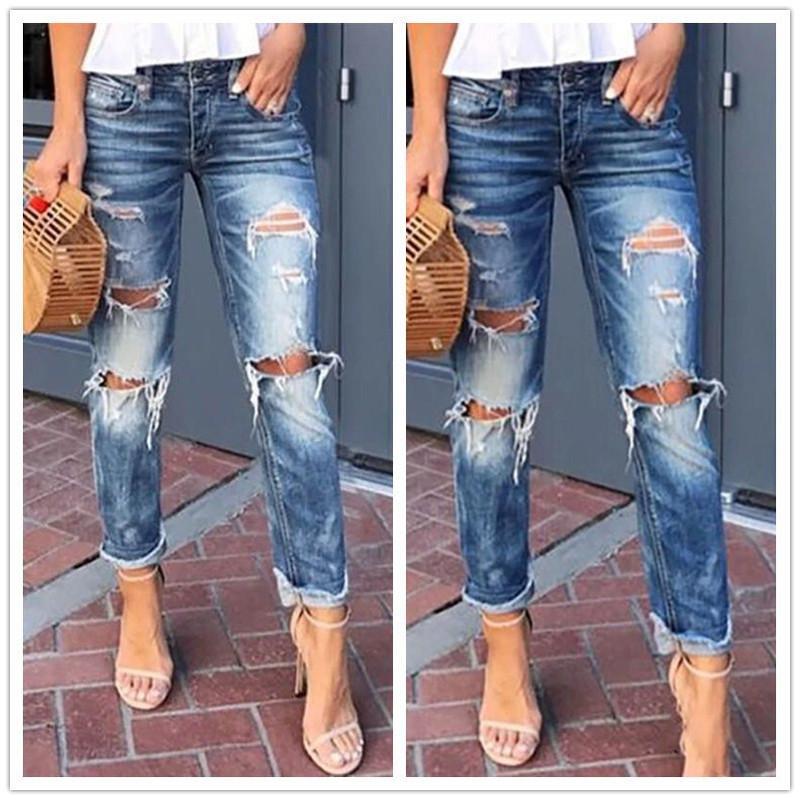 Europe and America Cross Border Foreign Trade Amazon Independent Station Wish Hot Sale Water Washed Hole Loose Straight Mid-Waist Denim